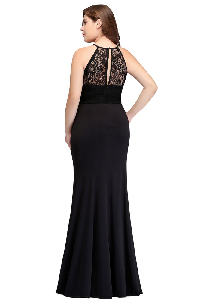 Robe de soirée noire sirène dos nu longue au sol grande taille avec dentelle