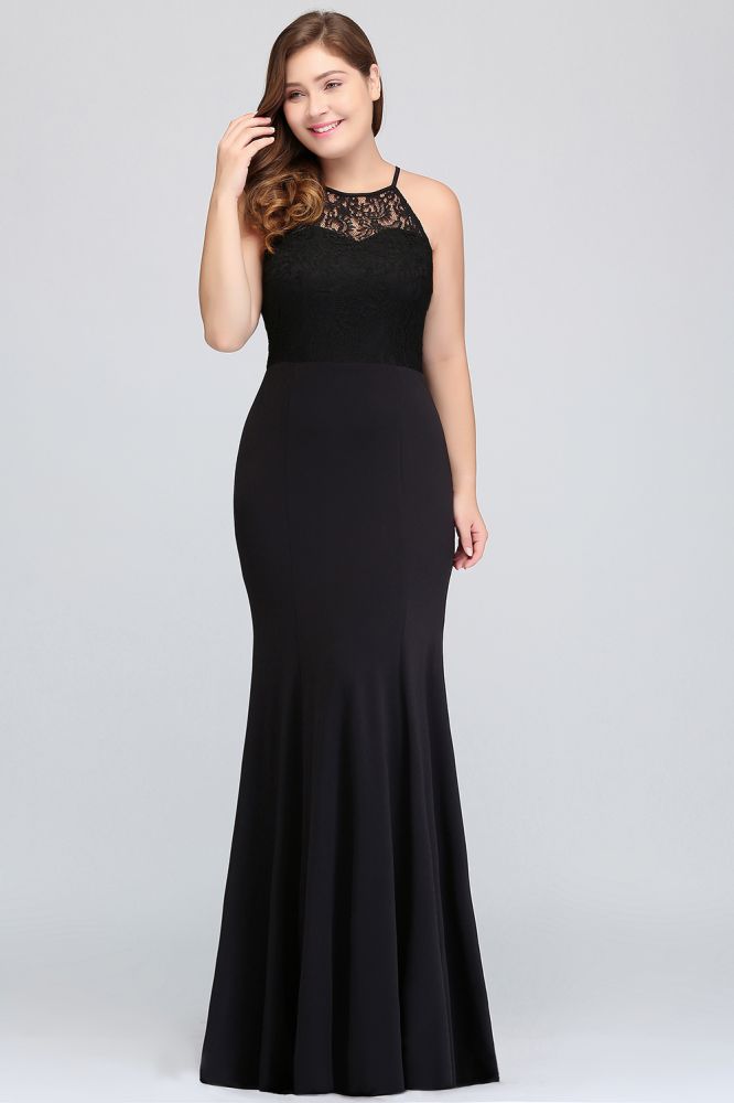 Robe de soirée noire sirène dos nu longue au sol grande taille avec dentelle