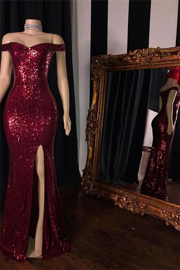 Mermaid Halter-V-Neck Or Portrait Front Slit Floor Length Paillette Prom Dress