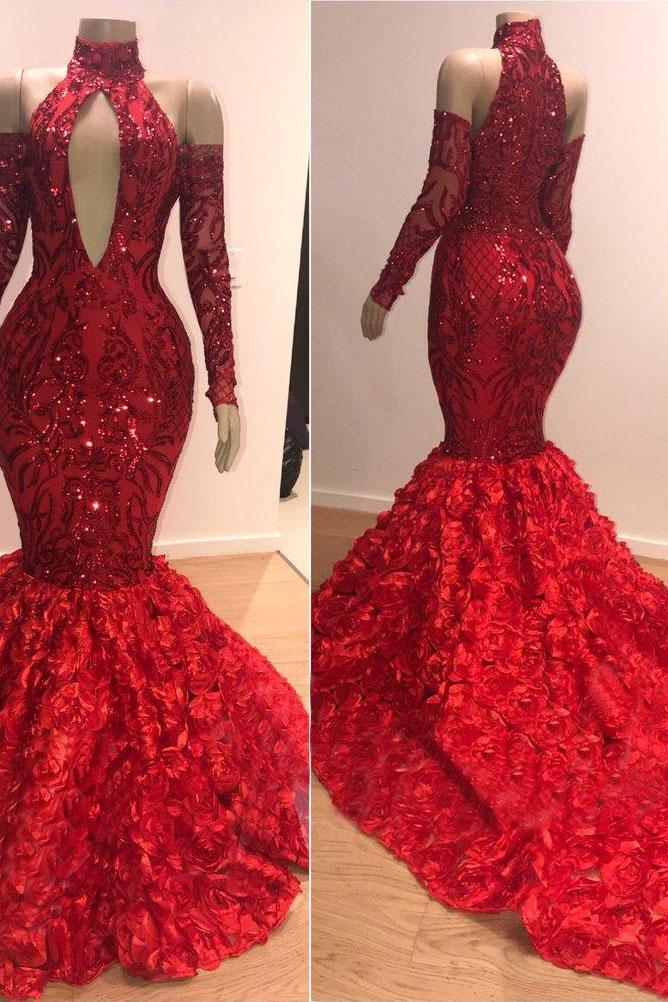 Mermaid High Collar Long Sleevess Chapel Paillette Handmade Flower Prom Dress