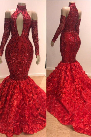 Vestido de fiesta sirena de manga larga con cuello alto y lentejuelas, estilo capilla, hecho a mano con flores.