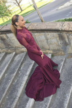 Mermaid High Collar Long Sleevess Floor Length Chiffon Beadings Applique Prom Dress