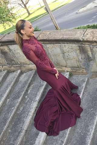 Vestido de fiesta de sirena, de manga larga, sin mangas, de gasa con apliques y cuentas, con cuello alto y largo hasta el suelo.