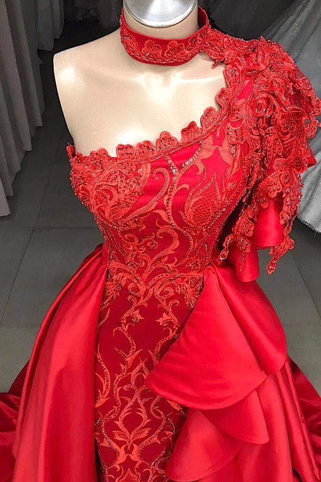 Mermaid High Neck One Shoulder Long Half Sleeve Appliques Lace With Side Train Prom Dresses