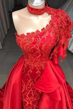 Mermaid High Neck One Shoulder Long Half Sleeve Appliques Lace With Side Train Prom Dresses
