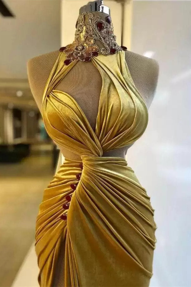 Mermaid High Neck Ruffles Sleeveless Long Rhinestone High Split Prom Dresses