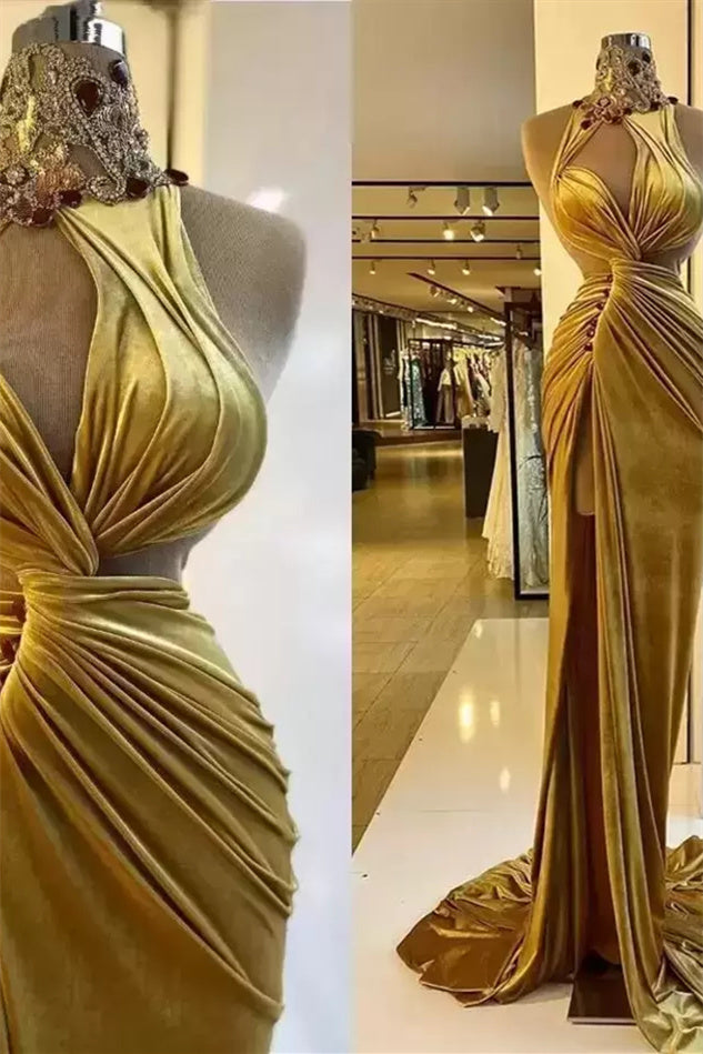 Mermaid High Neck Ruffles Sleeveless Long Rhinestone High Split Prom Dresses