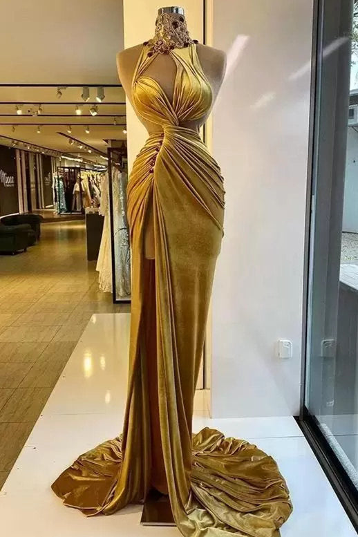 Mermaid High Neck Ruffles Sleeveless Long Rhinestone High Split Prom Dresses