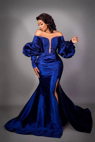 Robe de bal longue sirène fendue haut sans bretelles à manches bouffantes