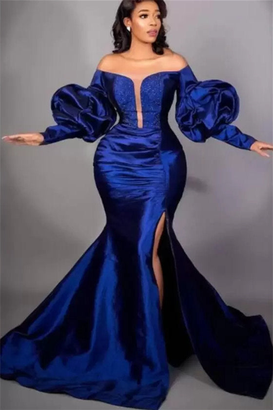 Mermaid High Split Strapless Bubble Sleeves Long Prom Dresses