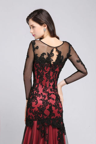 Vestidos de noche largos, sexis, rojos, de tul, con cuello joya y corte sirena, adornados con cuentas.