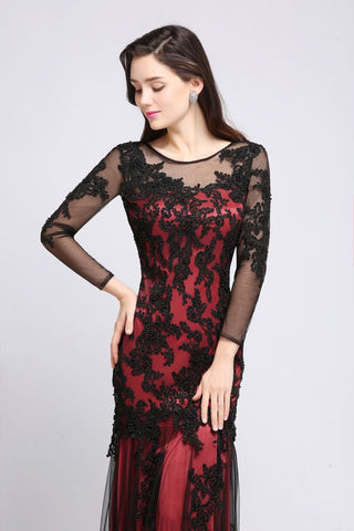 Vestidos de noche largos, sexis, rojos, de tul, con cuello joya y corte sirena, adornados con cuentas.