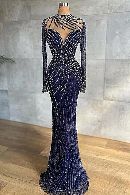 Mermaid Jewel With Side Train Long Long Sleeve Beading Sequins Lace With Side Train Prom Dresses