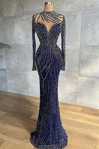 Mermaid Jewel With Side Train Long Long Sleeve Beading Sequins Lace With Side Train Prom Dresses