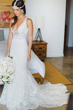Robe de mariée sirène en dentelle, col en V, traîne courte, style plage WD107