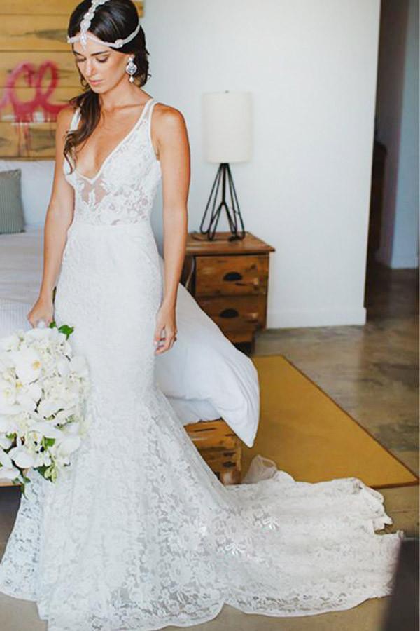 Robe de mariée sirène en dentelle, col en V, traîne courte, style plage WD107