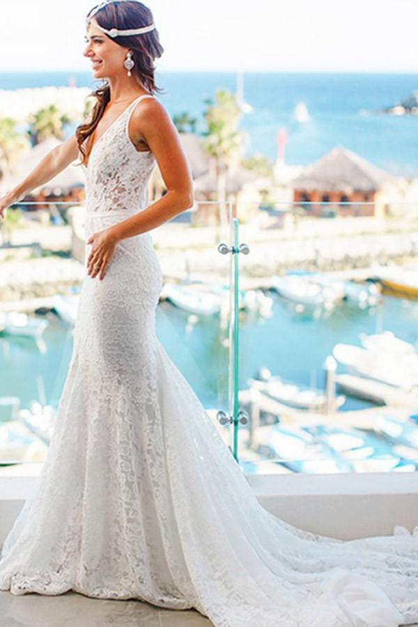 Robe de mariée sirène en dentelle, col en V, traîne courte, style plage WD107