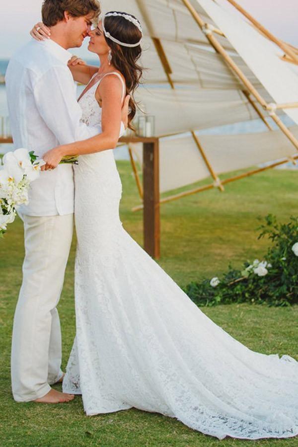 Robe de mariée sirène en dentelle, col en V, traîne courte, style plage WD107