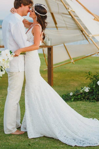 Vestido de novia de playa con cola de corte, escote en V y encaje estilo sirena WD107