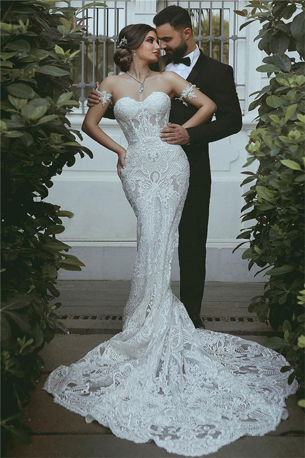 Robe de mariée sirène en dentelle, magnifique robe bustier, décorations de manches