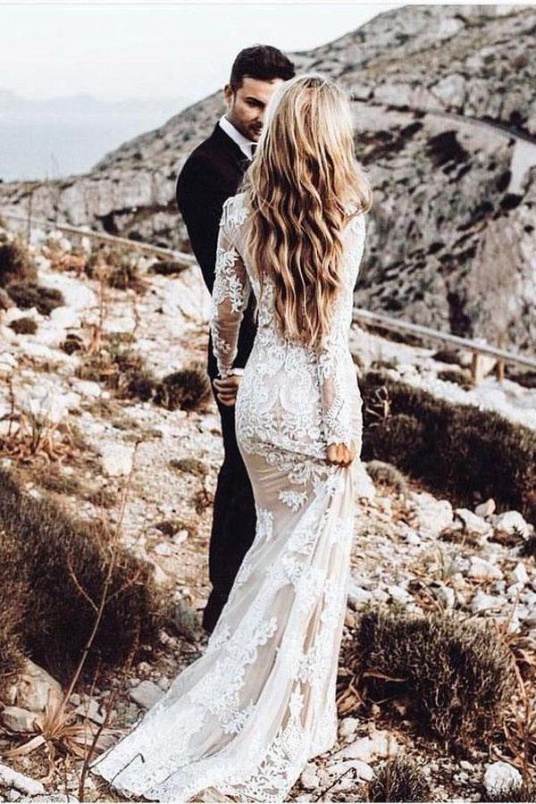 Robe de mariée bohème sirène à manches longues en dentelle, style rustique WD504