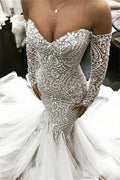 Robe de mariée sirène à manches longues, épaules dénudées, en dentelle, nouveauté