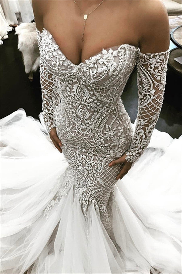 Robe de mariée sirène à manches longues, épaules dénudées, en dentelle, nouveauté