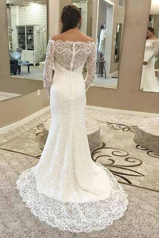 Robe de mariée sirène en dentelle à épaules dénudées et manches longues WD248