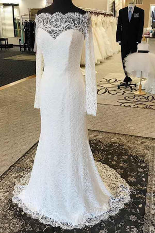 Robe de mariée sirène en dentelle à épaules dénudées et manches longues WD248