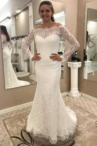 Robe de mariée sirène en dentelle à épaules dénudées et manches longues WD248
