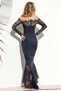 Vestido de dama de honor azul marino con hombros descubiertos estilo sirena y encaje BD068