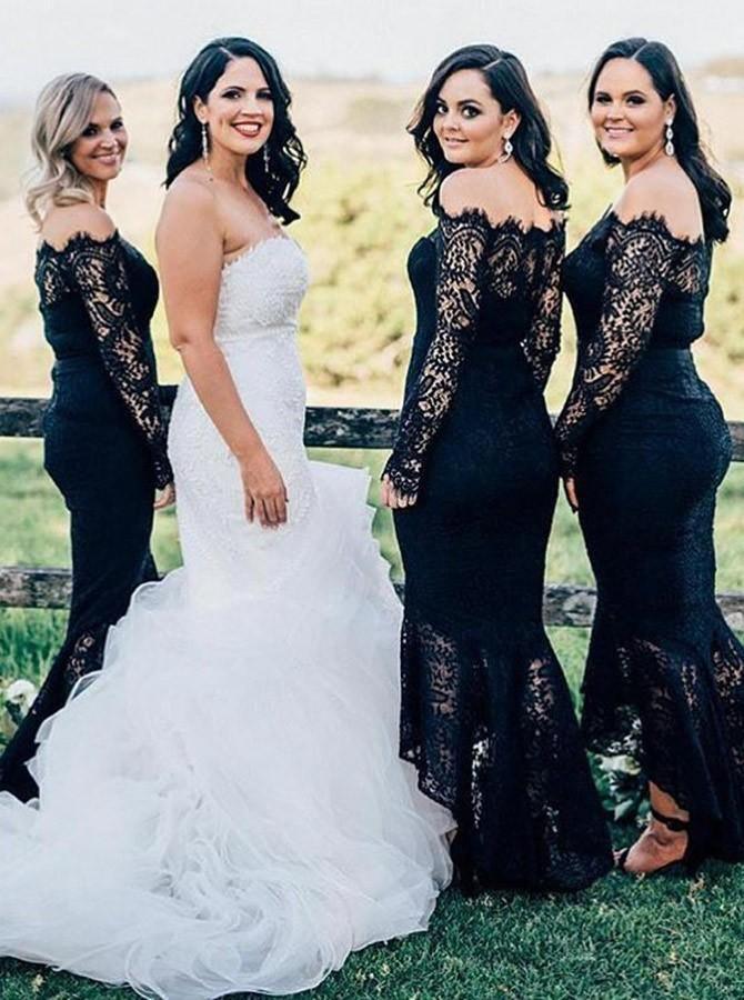 Vestido de dama de honor azul marino con hombros descubiertos estilo sirena y encaje BD068