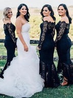 Vestido de dama de honor azul marino con hombros descubiertos estilo sirena y encaje BD068