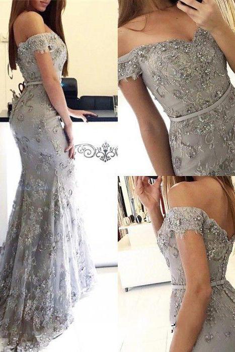 Mermaid Off-the-Shoulder Prom Dresses Sweetheart Long Silver Party Dress Evening Gowns