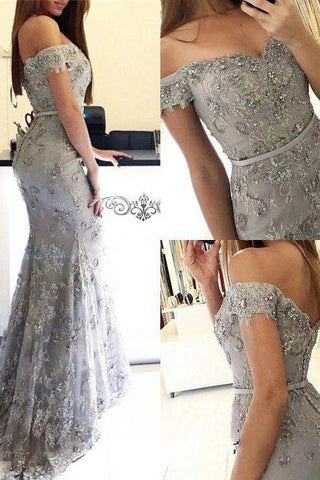 Vestidos de fiesta largos plateados con escote corazón y hombros descubiertos estilo sirena