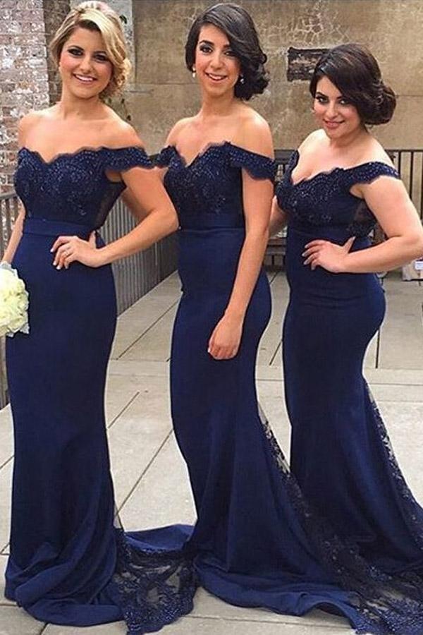 Vestido de dama de honor/baile de graduación azul marino con cola de barrido y hombros descubiertos estilo sirena PG406