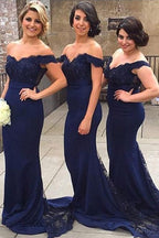 Vestido de dama de honor/baile de graduación azul marino con cola de barrido y hombros descubiertos estilo sirena PG406
