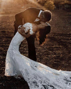 Vestido de novia rústico de sirena con hombros descubiertos y apliques de tul WD518