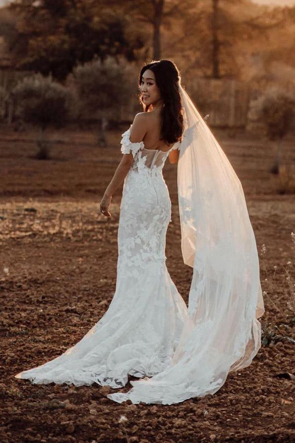 Vestido de novia rústico de sirena con hombros descubiertos y apliques de tul WD518
