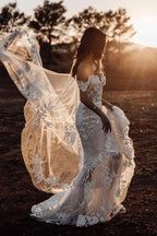 Vestido de novia rústico de sirena con hombros descubiertos y apliques de tul WD518