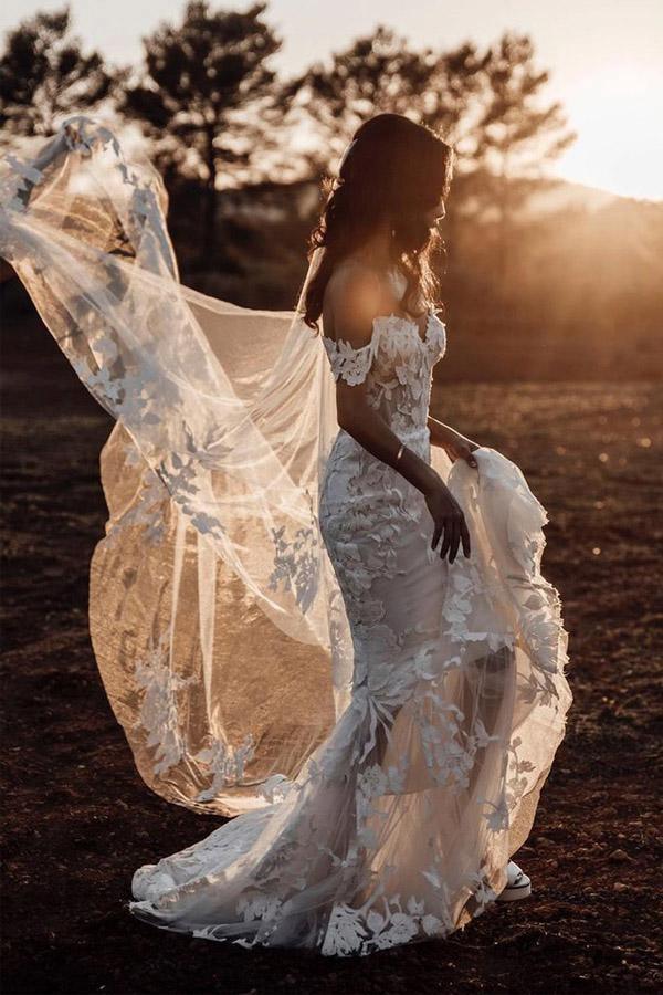 Vestido de novia rústico de sirena con hombros descubiertos y apliques de tul WD518