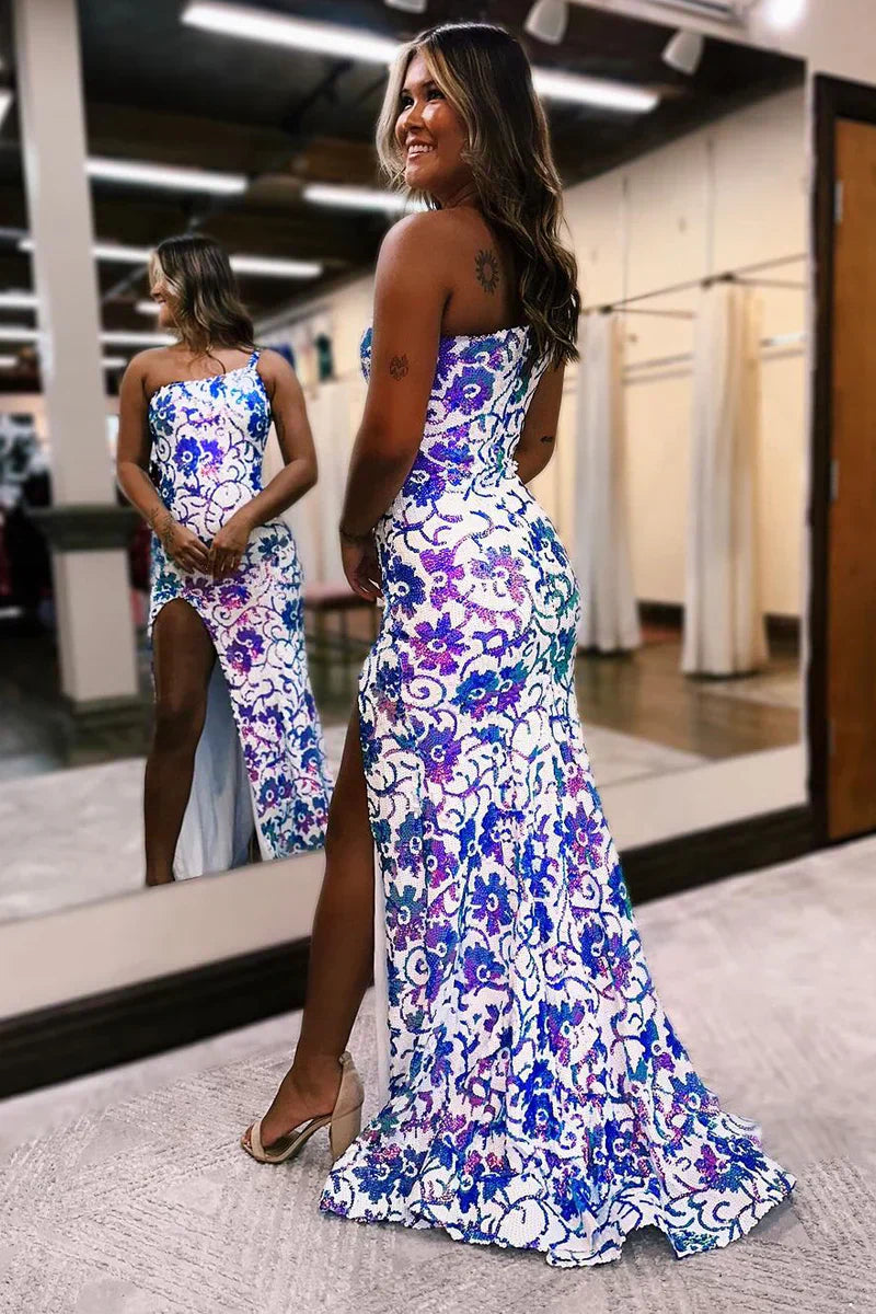 Vestidos largos de fiesta con apliques de lentejuelas de un solo hombro y abertura
