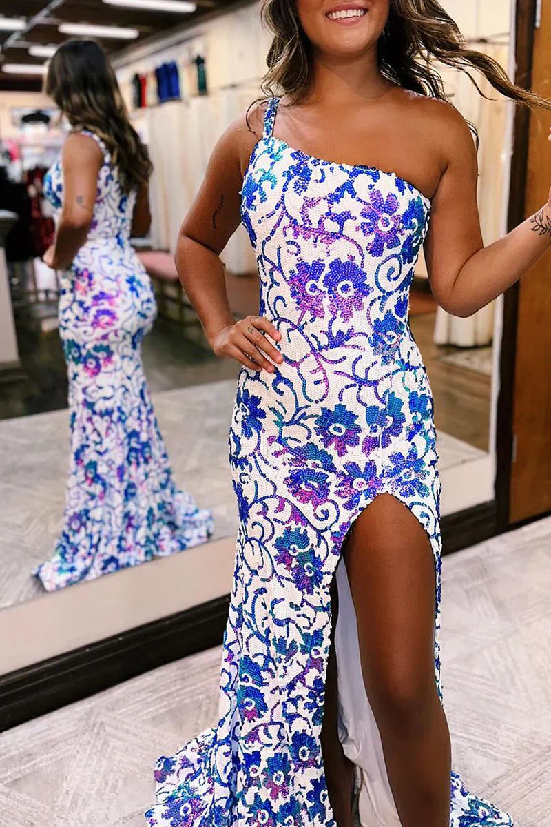 Vestidos largos de fiesta con apliques de lentejuelas de un solo hombro y abertura