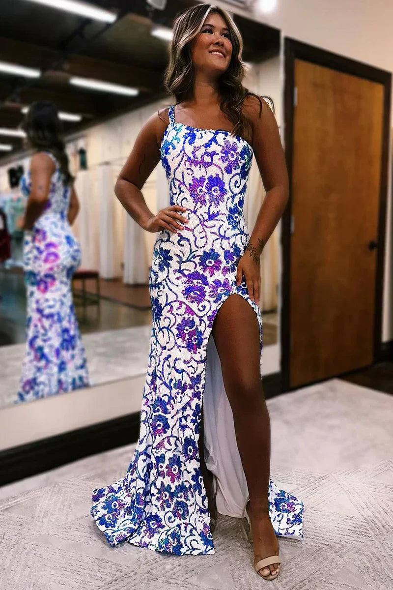 Vestidos largos de fiesta con apliques de lentejuelas de un solo hombro y abertura