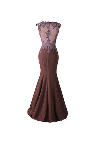 Vestido de dama de honor estilo sirena con apliques de encaje y espalda transparente BD024