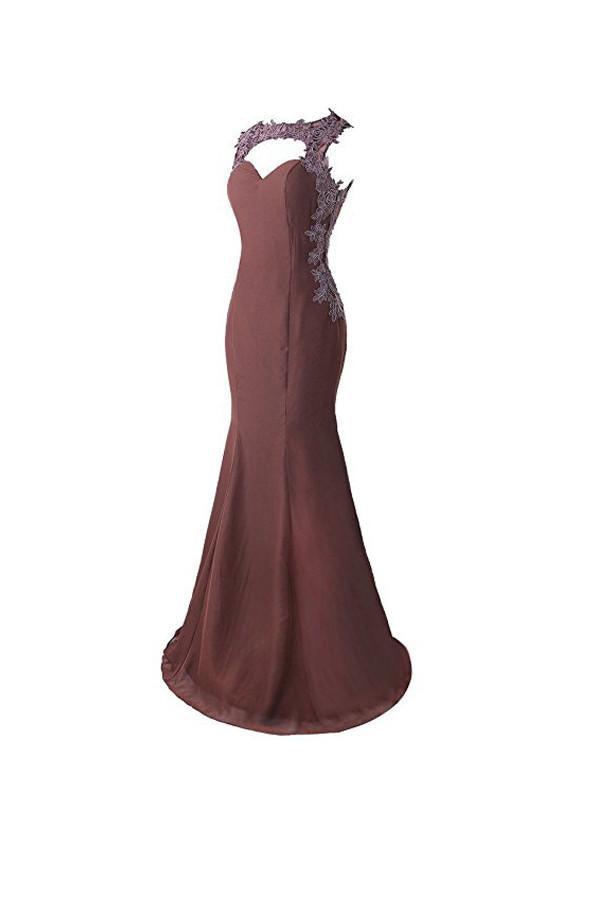 Vestido de dama de honor estilo sirena con apliques de encaje y espalda transparente BD024