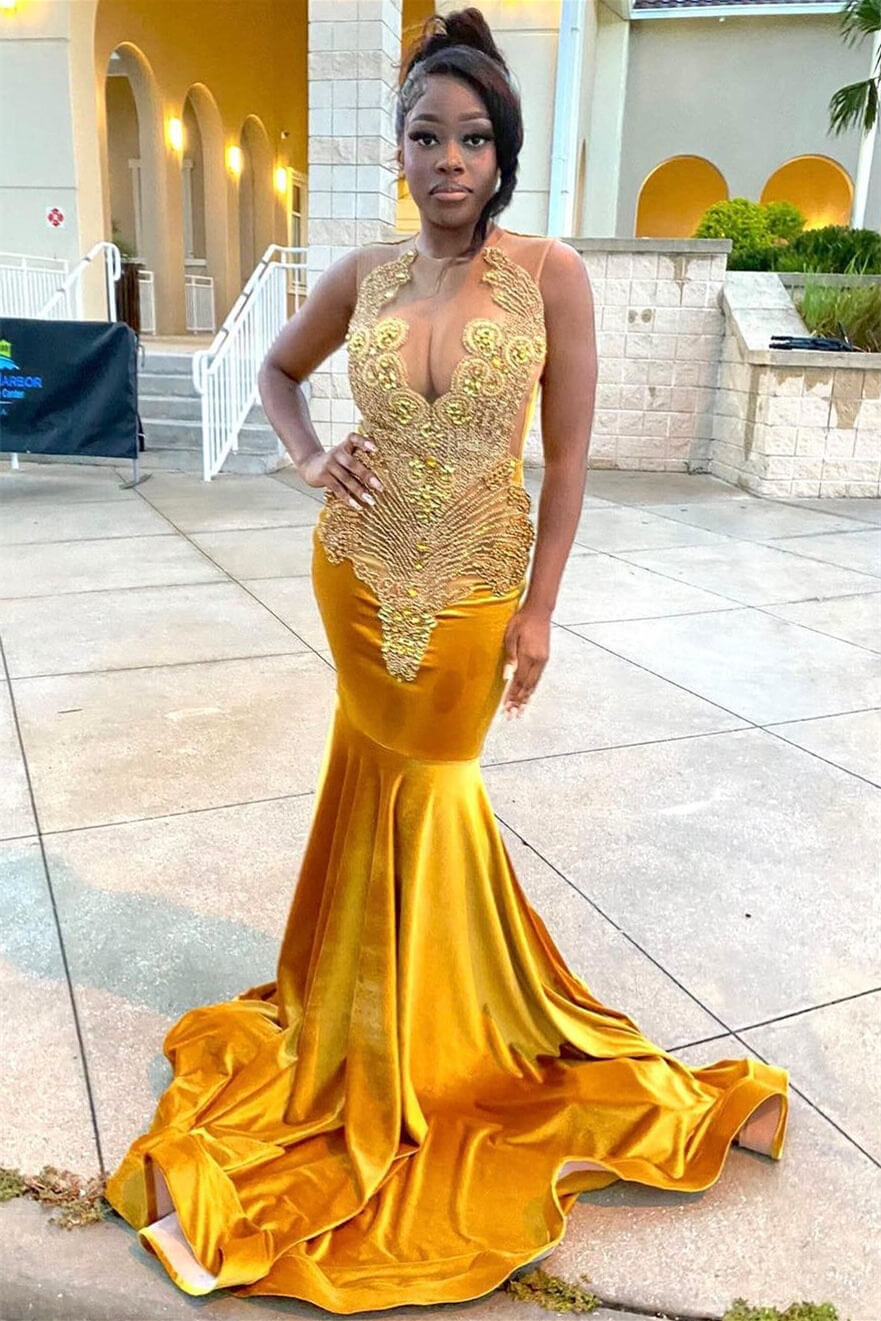 Mermaid Prom Dresses - Sleeveless with Beadings Velvet Gold Scoop