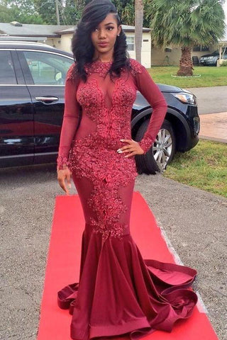 Vestido de fiesta largo hasta el suelo con cuello redondo estilo sirena y mangas largas con cuentas