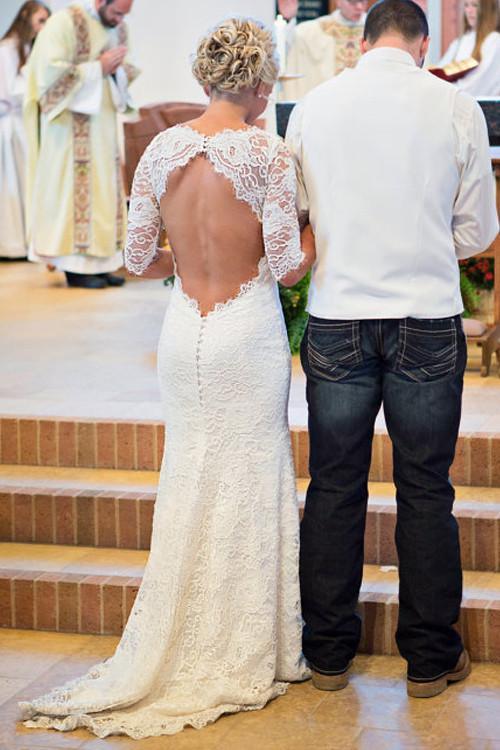 Vestidos de novia de sirena con escote redondo, espalda descubierta, mangas largas y apliques WD004