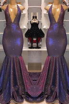 Mermaid Sexy Deep V-Neck Halter Chapel Ruffle Hem Paillette Prom Dress